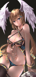 Rule 34 | 1girl, absurdres, arm support, bad id, bad pixiv id, bare shoulders, bikini, blonde hair, blue eyes, bracelet, collarbone, cowboy shot, ctrlz77, earrings, hair ornament, hairclip, head wings, highres, jewelry, long hair, looking to the side, navel, simple background, single thighhigh, smile, solo, swimsuit, thigh gap, thighhighs, wings