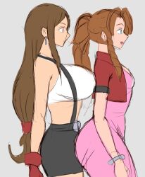 Rule 34 | 2girls, aerith gainsborough, ass, black skirt, breasts, brown hair, dress, english text, final fantasy, final fantasy vii, green eyes, grey background, huge ass, large breasts, long hair, multiple girls, pink dress, ponytail, red eyes, simmsy, skirt, small breasts, thighhighs, thighs, tifa lockhart, unfinished, wide hips