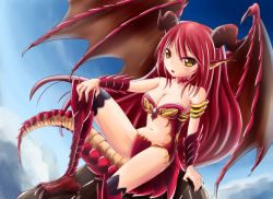 Rule 34 | 1girl, animal ears, bare shoulders, blush, bra, breasts, claws, cloud, cloudy sky, dragon ears, dragon girl, dragon tail, dragon wings, female focus, gold, hair between eyes, horns, large breasts, lingerie, long hair, looking at viewer, midriff, monster girl, mountain, navel, open mouth, original, panties, pointy ears, red bra, red hair, red panties, sabo ten teishoku, scales, shadow, sky, slit pupils, solo, tail, thighhighs, underwear, wings, yellow eyes