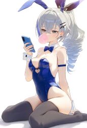 Rule 34 | 1girl, ai-assisted, amiki 2, animal ears, arm strap, bare shoulders, black thighhighs, blowing bubbles, blue leotard, blush, bow, bowtie, breasts, cellphone, chewing gum, clip studio paint (medium), detached collar, double-parted bangs, drill hair, fake animal ears, feet out of frame, grey eyes, grey hair, hair between eyes, hair intakes, hair ornament, hairclip, hand up, highres, holding, holding phone, honkai: star rail, honkai (series), leotard, long hair, phone, playboy bunny, rabbit ears, silver wolf (honkai: star rail), simple background, skindentation, small breasts, smartphone, solo, strapless, strapless leotard, thighhighs, thighs, traditional bowtie, white background, wrist cuffs