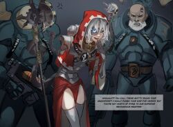 Rule 34 | 3boys, :d, adeptus mechanicus, anger vein, angry, armor, armored boots, bald, beard, blue eyes, boots, celestial fang, eyepatch, facial hair, full armor, grey background, gun, highres, holding, holding gun, holding polearm, holding weapon, leagues of votann, long hair, looking at viewer, mechanical arms, multiple boys, open mouth, polearm, power armor, red robe, robe, servo-skull, smile, trap, warhammer 40k, wax seal, weapon, white hair