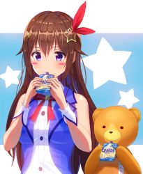 Rule 34 | 1girl, ankimo (tokino sora), blue background, blue vest, blush, blush stickers, brown hair, commentary request, hair between eyes, hair flaps, hair ornament, hair ribbon, hands up, highres, holding, hololive, long hair, looking at viewer, mikomiko (mikomikosu), purple eyes, red ribbon, ribbon, shirt, sleeveless, sleeveless shirt, solo, star (symbol), star hair ornament, stuffed animal, stuffed toy, teddy bear, tokino sora, tokino sora (1st costume), two-tone background, very long hair, vest, virtual youtuber, white background, white shirt
