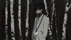 Rule 34 | 1boy, bad id, bad pixiv id, black hair, closed mouth, forest, grey eyes, hands in pockets, hirota tsuu, lab coat, long sleeves, male focus, name tag, nature, original, solo, standing, tree, turtleneck, upper body