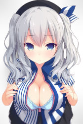 Rule 34 | 10s, 1girl, alternate costume, beret, black skirt, blue bra, blue eyes, blurry, bra, bra slip, breasts, cleavage, closed mouth, collared shirt, depth of field, downblouse, dress shirt, employee uniform, eyebrows, eyelashes, from above, frown, gradient background, grey background, grey hair, hair ornament, hat, highres, kantai collection, kashima (kancolle), large breasts, lawson, long hair, looking at viewer, mimura zaja, miniskirt, open clothes, open shirt, pleated skirt, shirt, short sleeves, skirt, solo, striped, tsurime, twintails, underwear, uniform, unzipped, zipper