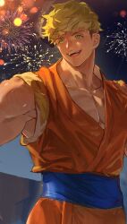 Rule 34 | 1boy, absurdres, bara, blonde hair, fireworks, granblue fantasy, highres, japanese clothes, kimono, kshbjb3bppui9om, large pectorals, male focus, muscular, muscular male, night, night sky, open mouth, orange kimono, pectorals, short hair, sky, smile, solo, vane (granblue fantasy), yukata