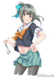 Rule 34 | 1girl, adjustable wrench, aqua skirt, black pantyhose, blue bow, blush, bow, bowtie, commentary request, ebifurya, green hair, hair bow, hand on own hip, highres, kantai collection, long hair, looking at viewer, miniskirt, navel, open mouth, orange bow, orange bowtie, pantyhose, ponytail, red eyes, school uniform, serafuku, short sleeves, simple background, skirt, solo, twitter username, white background, wrench, yuubari (kancolle)