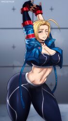 Rule 34 | 1girl, arcsinge, blonde hair, breasts, cammy stretch (meme), cammy white, highres, large breasts, midriff, solo, street fighter, street fighter 6