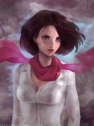 Rule 34 | 1girl, aleksandra jedrasik, arms at sides, artist name, blue eyes, breasts, cleavage, collared shirt, commentary, deviantart username, dress shirt, floating scarf, freckles, lips, long sleeves, looking at viewer, medium breasts, mikasa ackerman, red lips, red scarf, scarf, serious, shingeki no kyojin, shirt, short hair, signature, solo, watermark, web address, white shirt