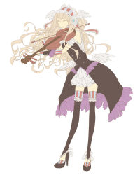 Rule 34 | 1girl, bad id, bad pixiv id, bare shoulders, blonde hair, bow (music), buttons, detached sleeves, dress, feathers, full body, gloves, hair ornament, hairband, high heels, instrument, long hair, open mouth, ribbon, shoes, simple background, solo, standing, striped, thighhighs, violin, wavy hair, wings, zettai ryouiki