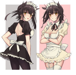 Rule 34 | 1girl, alternate costume, apron, black dress, black hair, black pantyhose, blush, breasts, brown eyes, closed mouth, commentary request, crossed arms, dress, frilled apron, frilled dress, frills, garter straps, hair flaps, hatsuzuki (kancolle), kantai collection, maid, maid headdress, medium breasts, multiple views, neck ribbon, pantyhose, parted lips, puffy short sleeves, puffy sleeves, ribbon, short sleeves, simple background, thighhighs, waco, white apron, white thighhighs, yellow dress