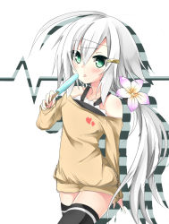 Rule 34 | 1girl, :p, bare shoulders, black thighhighs, chabaneko, flower, food, green eyes, green hair, hair flower, hair ornament, hairclip, highres, licking, long hair, long sleeves, looking at viewer, off-shoulder, off-shoulder sweater, off shoulder, original, popsicle, short shorts, shorts, simple background, solo, standing, sweater, tarutaru22, thighhighs, tongue, tongue out, very long hair, white background, zettai ryouiki
