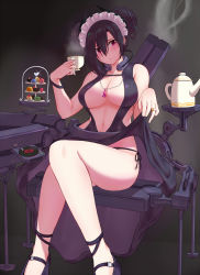 Rule 34 | 1girl, adapted costume, adapted object, agent (girls&#039; frontline), alternate costume, black background, black hair, black panties, breasts, cake, chair, chinese commentary, clothes lift, commentary request, cup, double bun, dress, dress lift, evening gown, food, girls&#039; frontline, glint, gun, halterneck, heart, highres, jewelry, macaron, mechanical parts, medium breasts, navel, necklace, panties, pao mian+dan, pendant, phonograph, record, red eyes, ring, sangvis ferri, side-tie panties, sitting, smoke, smoking gun, solo, steam, teacup, teapot, thighs, tiered tray, tray, underwear, weapon, wedding band