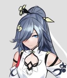Rule 34 | 1girl, absurdres, bare shoulders, black hair, blue eyes, chinese clothes, closed mouth, earrings, fattybot, fu hua, fu hua (azure empyrea), grey background, hair between eyes, hair ornament, hair over one eye, highres, honkai (series), honkai impact 3rd, jewelry, long hair, looking at viewer, simple background, single earring, sketch, solo