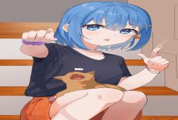 Rule 34 | 1girl, animal, animal on lap, bad aspect ratio, black shirt, blue eyes, blue hair, blush, cat, cat on lap, collarbone, commentary request, hair between eyes, hair ornament, hairclip, highres, looking at viewer, mads ez, on lap, open mouth, orange shorts, original, pointing, pointing at viewer, scrunchie, shirt, short hair, short sleeves, shorts, sitting, sitting on stairs, solo, stairs, upper body, wrist scrunchie