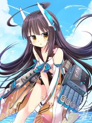 Rule 34 | 1girl, ahoge, artist request, azur lane, bent over, black hair, blush, breasts, cannon, cloud, collarbone, day, highres, horns, long hair, looking at viewer, mechanical horns, nowaki (azur lane), sky, small breasts, solo, torpedo tubes, water, weapon, yellow eyes