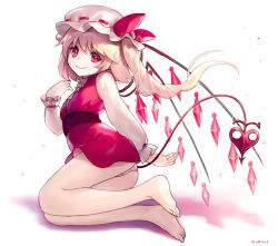 Rule 34 | 1girl, ainy, ass, bad id, bad pixiv id, bare legs, barefoot, blonde hair, dress, flandre scarlet, hat, hat ribbon, laevatein, laevatein (tail), long sleeves, microdress, mob cap, panties, puffy long sleeves, puffy sleeves, red dress, red eyes, ribbon, side ponytail, solo, tail, touhou, underwear