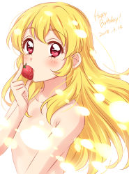 Rule 34 | 1girl, absurdres, aikatsu!, aikatsu! (series), blonde hair, blush, convenient arm, convenient censoring, dated, english text, flat chest, food, fruit, hand up, happy birthday, highres, holding, holding food, holding fruit, hoshimiya ichigo, light censor, long hair, looking at viewer, name connection, nude, object namesake, pink eyes, sekina, simple background, solo, strawberry, upper body, white background