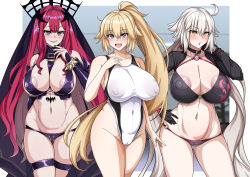 Rule 34 | 3girls, :d, ahoge, areola slip, bare shoulders, between breasts, bikini, black bikini, black gloves, black jacket, blonde hair, blue eyes, blush, bracelet, breasts, cameltoe, choker, cleavage, cleft of venus, collarbone, competition swimsuit, covered erect nipples, cropped jacket, detached sleeves, baobhan sith (fate), baobhan sith (second ascension) (fate), fate/grand order, fate (series), gloves, gluteal fold, grey eyes, high ponytail, highleg, highleg swimsuit, highres, indoors, jacket, jeanne d&#039;arc alter (swimsuit berserker) (fate), jeanne d&#039;arc (fate), jeanne d&#039;arc (swimsuit archer) (fate), jeanne d&#039;arc (swimsuit archer) (second ascension) (fate), jeanne d&#039;arc alter (fate), jeanne d&#039;arc alter (swimsuit berserker) (fate), jewelry, large areolae, large breasts, long hair, long sleeves, looking at viewer, lowleg, multiple girls, muta poo, navel, o-ring, o-ring bikini, one-piece swimsuit, open mouth, ponytail, puffy areolae, puffy nipples, purple hair, revealing clothes, shrug (clothing), silver hair, skindentation, smile, spiked bracelet, spikes, swimsuit, thigh strap, thighs, veil, very long hair, yellow eyes