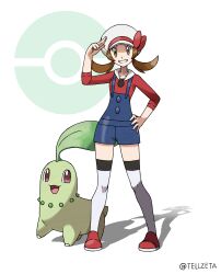 Rule 34 | 1girl, absurdres, blue overalls, bow, brown eyes, brown hair, cabbie hat, chikorita, creatures (company), game freak, gen 2 pokemon, hand on own hip, hat, hat bow, highres, looking at viewer, lyra (pokemon), nintendo, overalls, pokemon, pokemon (creature), pokemon hgss, red bow, red footwear, red shirt, shirt, sleeves past elbows, smile, teeth, tellzeta, thighhighs, twintails, white headwear