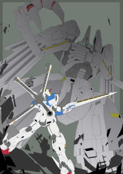 Rule 34 | crossbone gundam, crossbone gundam x-3, divinidad, fighting, glowing, glowing eye, green eyes, gundam, heterochromia, highres, holding, holding sword, holding weapon, looking up, mecha, mechanical wings, mobile armor, mobile suit, no humans, open hand, robot, science fiction, size difference, sword, thrusters, unfinished, v-fin, weapon, wings, yellow eyes, zb (dawn-blue)