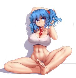 Rule 34 | 1girl, abs, arm up, armpits, bare arms, bare shoulders, barefoot, blue eyes, blue hair, bottomless, breasts, cleavage, collarbone, commentary, convenient leg, covered erect nipples, english commentary, female pubic hair, full body, hair between eyes, hair bobbles, hair ornament, hand up, hater (hatater), highres, indian style, kawashiro nitori, large breasts, looking to the side, navel, one side up, pubic hair, shadow, shiny skin, simple background, sitting, solo, spaghetti strap, sports bra, stomach, thighs, toenails, touhou, tying hair, white background, white sports bra