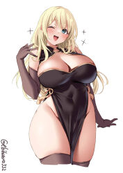 Rule 34 | 1girl, atago (kancolle), bare shoulders, black dress, black gloves, black thighhighs, blonde hair, blue eyes, blush, breasts, china dress, chinese clothes, cleavage, cleavage cutout, clothing cutout, commentary request, covered navel, cowboy shot, cropped legs, dress, ebifurya, elbow gloves, gloves, groin, hand up, highres, kantai collection, large breasts, long hair, looking at viewer, one-hour drawing challenge, one eye closed, open mouth, pelvic curtain, simple background, skindentation, sleeveless, sleeveless dress, smile, solo, sparkle, teeth, thick thighs, thighhighs, thighs, twitter username, upper teeth only, white background