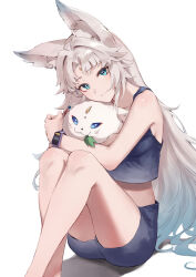 1girl absurdres animal_ears apple_watch crop_top eyeliner feixiao_(honkai:_star_rail) forehead_jewel fox_ears fox_girl highres honkai:_star_rail honkai_(series) jojobirdz looking_at_viewer makeup parted_bangs red_eyeliner simple_background smartwatch solo stuffed_animal stuffed_toy watch white_background wristwatch