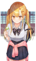 Rule 34 | 1girl, absurdres, bag, black bow, black bowtie, blonde hair, blue skirt, bow, bowtie, candy, cardigan, cardigan around waist, clothes around waist, collared shirt, dress shirt, food, hand up, highres, holding, holding candy, holding food, liso, lollipop, long hair, long sleeves, original, pink cardigan, plaid, plaid bow, plaid bowtie, pleated skirt, school bag, school uniform, shirt, skirt, solo, twintails, white shirt