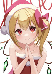 Rule 34 | 1girl, bare shoulders, blonde hair, blush, bow, breasts, closed mouth, crystal, dress, flandre scarlet, fur-trimmed dress, fur-trimmed headwear, fur trim, hair bow, hat, highres, kamachi (kamati0maru), looking at viewer, one side up, own hands together, pom pom (clothes), red bow, red eyes, red hat, sack, santa dress, santa hat, small breasts, smile, solo, touhou, white background, wings
