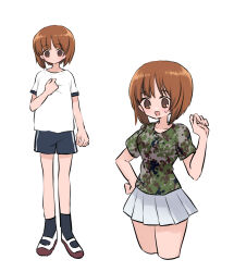 Rule 34 | 1girl, black socks, blue shorts, brown eyes, camouflage, camouflage shirt, closed mouth, cropped legs, girls und panzer, green shirt, gym shirt, gym shorts, gym uniform, hand on own chest, hand on own hip, highres, light frown, looking at viewer, looking to the side, miniskirt, multiple views, nishizumi miho, open mouth, pleated skirt, ri (qrcode), shirt, shoes, short hair, short sleeves, shorts, simple background, single vertical stripe, skirt, smile, sneakers, socks, standing, sweatdrop, t-shirt, uwabaki, white background, white footwear, white shirt, white skirt