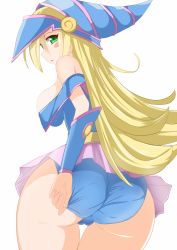 Rule 34 | 1girl, adjusting clothes, adjusting panties, ass, back, bare legs, bare shoulders, blonde hair, blush, blush stickers, breasts, dark magician girl, duel monster, female focus, from behind, green eyes, hat, hifumiyo, highres, huge ass, huge breasts, large breasts, long hair, looking at viewer, looking back, magical girl, nipples, no bra, open mouth, panties, parted lips, shiny skin, sideboob, skirt, solo, sweat, underwear, very long hair, wizard hat, yu-gi-oh!, yu-gi-oh! duel monsters