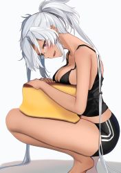 Rule 34 | 1girl, absurdres, black shorts, black tank top, blush, breasts, cleavage, collarbone, cushion, dark-skinned female, dark skin, from side, glasses, highres, holding cushion, kantai collection, large breasts, long hair, looking at viewer, musashi (kancolle), musashi kai ni (kancolle), open mouth, red eyes, short hair with long locks, shorts, silver hair, simple background, solo, squatting, tank top, very long hair, white background, yunamaro