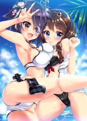 Rule 34 | 10s, 2girls, ass, bad anatomy, bad hands, bare arms, beach, bikini, blue eyes, blush, braid, breast press, breasts, brown eyes, brown hair, cameltoe, cloud, day, covered erect nipples, eyepatch, fang, fukuda shuushi, hair over shoulder, headgear, highres, hug, kantai collection, large breasts, looking at viewer, multiple girls, one eye closed, open clothes, palm tree, purple hair, shigure (kancolle), short hair, single braid, swimsuit, tenryuu (kancolle), tree, v