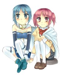 Rule 34 | 10s, 2girls, armband, bad id, bad pixiv id, bare shoulders, blue eyes, blue hair, cape, dddoochi1, gloves, holding hands, kaname madoka, magical girl, mahou shoujo madoka magica, mahou shoujo madoka magica (anime), miki sayaka, multiple girls, pink eyes, pink hair, school uniform, short hair, short twintails, simple background, smile, thighhighs, twintails, white background, zettai ryouiki