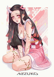 Rule 34 | 1girl, anmaki, arm support, bare legs, bare shoulders, between legs, black hair, body markings, breasts, character name, cleavage, colored tips, commentary, demon girl, english commentary, fang, full body, hair ribbon, hand between legs, haori, highres, horns, japanese clothes, kamado nezuko, kimetsu no yaiba, kimono, long hair, looking at viewer, mixed-language commentary, multicolored hair, obi, oni horns, parted lips, pink eyes, pink kimono, pink ribbon, plant, red hair, ribbon, round teeth, sash, seiza, short sleeves, single horn, sitting, sleeves rolled up, slit pupils, solo, streaked hair, teeth, v arms, veins, vines, wide sleeves