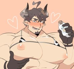 Rule 34 | 1boy, alternate pectoral size, animal print, bad id, bad twitter id, bara, barawa, bare pectorals, blush, bottle, bra, brown eyes, brown hair, come hither, cow boy, cow print, draph, facial hair, gloves, goatee, granblue fantasy, holding, holding bottle, horns, large pectorals, looking at viewer, male focus, mature male, milk bottle, muscular, muscular male, nipples, nose blush, pectoral lift, pectorals, pointy ears, print bra, puffy chest, saturday (hokawazu), seductive smile, short hair, sideburns, smile, solo, sweatdrop, thick eyebrows, underwear, upper body