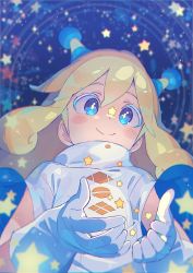 Rule 34 | 1girl, blonde hair, blue eyes, blush stickers, closed mouth, commentary request, eyelashes, from above, gloves, hair between eyes, highres, long hair, looking down, narumi arata, original, short sleeves, smile, solo, star (sky), star (symbol), turtleneck, white gloves