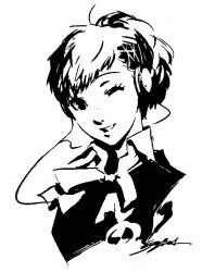 Rule 34 | 1girl, greyscale, hair ornament, hairpin, headphones, monochrome, official art, one eye closed, persona, persona 3, persona 3 portable, ribbon, school uniform, shiomi kotone, signature, smile, soejima shigenori