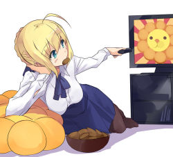 Rule 34 | 1girl, ahoge, aqua eyes, artoria pendragon (all), artoria pendragon (fate), black pantyhose, blonde hair, controller, cookie, fate/stay night, fate (series), food, holding, lying, mouth hold, pantyhose, remote control, saber (fate), solo, television, usatsuka eiji, watching television
