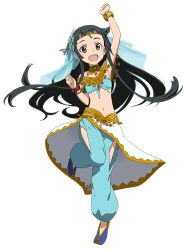 Rule 34 | 1girl, arm up, armpits, black hair, bracelet, brown hair, child, clenched hand, floating hair, full body, harem outfit, jewelry, long hair, navel, official art, open mouth, pointy footwear, round teeth, shoes, solo, sword art online, teeth, transparent background, yui (sao)