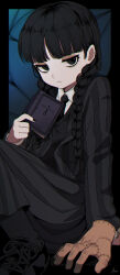 Rule 34 | 1girl, addams family, black border, black eyes, black footwear, black nails, black necktie, black skirt, black socks, black vest, blunt bangs, book, border, braid, collared shirt, highres, holding, holding book, jacket, long hair, long sleeves, nail polish, necktie, open clothes, open jacket, pleated skirt, sato (r017xts117), shirt, shoes, skirt, socks, solo, striped clothes, striped jacket, thing (addams family), twin braids, twintails, vest, wednesday addams, white shirt