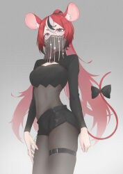 Rule 34 | 1girl, a9 (repainter), absurdres, animal ears, black hair, blackberry baelz, blue eyes, bodystocking, bow, breasts, covered navel, grey background, grey hair, hair between eyes, hakos baelz, highres, hololive, hololive english, long sleeves, looking at viewer, medium breasts, mouse ears, mouse girl, mouse tail, mouth veil, ponytail, red hair, see-through, shorts, shrug (clothing), simple background, skindentation, solo, strapless, tail, tail bow, tail ornament, thigh strap, tube top, veil, virtual youtuber