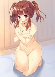 Rule 34 | 10s, 1girl, asa no ha (awayuki), barefoot, blush, breasts, brown eyes, brown hair, cleavage, collarbone, covering privates, covering breasts, curvy, embarrassed, hair ornament, highres, idolmaster, idolmaster cinderella girls, kneeling, looking at viewer, medium breasts, navel, nude, ogata chieri, open mouth, shiny skin, short hair, solo, sweat, tears, thick thighs, thighs, twintails, wide hips