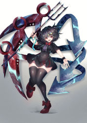 Rule 34 | 1girl, absurdres, aonori00, asymmetrical wings, black dress, black hair, black thighhighs, blue wings, bow, bowtie, breasts, curvy, dress, full body, gradient background, grey background, highres, holding, holding weapon, houjuu nue, knees together feet apart, medium breasts, open mouth, polearm, red bow, red eyes, red footwear, red wings, short dress, short hair, simple background, smile, snake, solo, thighhighs, touhou, trident, weapon, wide hips, wings, zettai ryouiki