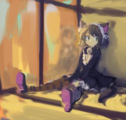 Rule 34 | 1girl, animal ears, bell, black bow, black bowtie, black footwear, black thighhighs, bow, bowtie, cat ears, cat girl, cat tail, center frills, closed mouth, commentary, cyan (show by rock!!), frills, full body, hands on lap, highres, jingle bell, kyuuri (miyako), light frown, long sleeves, maid headdress, mary janes, outstretched leg, reflection, ringlets, sepia, shoe soles, shoes, short hair, show by rock!!, sideways glance, sketch, solo, striped clothes, striped thighhighs, tail, thighhighs