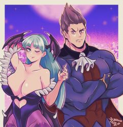Rule 34 | 1boy, 1girl, artist name, ascot, bare shoulders, black leotard, breasts, clothing cutout, collarbone, dated, demitri maximoff, fang, green eyes, green hair, head wings, heart cutout, highres, large breasts, leotard, long hair, morrigan aensland, muscular, one eye closed, pantyhose, purple background, purple pantyhose, skm nnm, smile, strapless, strapless leotard, vampire (game), white ascot, wings