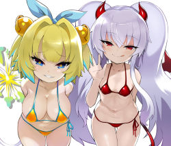 Rule 34 | + +, 2girls, bare shoulders, bikini, blonde hair, blue eyes, blue hair, blush, bombergirl, breasts, cleavage, collarbone, demon girl, demon horns, demon tail, demon wings, grenade hair ornament, grim aloe, grin, highres, horns, large breasts, leaning forward, long hair, looking at viewer, multicolored hair, multiple girls, panties, pine (bombergirl), red bikini, red eyes, red horns, red tail, red wings, shimejinameko, short hair, simple background, smile, swimsuit, symbol-shaped pupils, tail, twintails, two-tone hair, underwear, white hair, wings, yellow bikini, yellow pupils