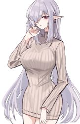 Rule 34 | 1girl, arknights, dress, earrings, gladiia (arknights), hair over one eye, highres, jewelry, long hair, looking at viewer, pointy ears, shino duka, solo, sweater, sweater dress, very long hair, white hair