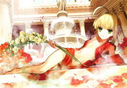 Rule 34 | 10s, 1girl, absurdres, ahoge, anklet, architecture, barefoot, blonde hair, braid, center opening, closed mouth, column, fate/extra, fate (series), flat chest, flower, fountain, full body, green eyes, hair flower, hair ornament, highres, holding, huge filesize, jewelry, legs, looking at viewer, lying, navel, nero claudius (fate), nero claudius (fate) (all), nero claudius (fate/extra), nude, official art, on side, open clothes, petals, pillar, scan, solo, topless, wada arco, water