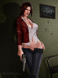 Rule 34 | 1girl, brown hair, claire redfield, gun, jacket, john reith, leather, leather jacket, resident evil, weapon